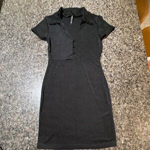 AsYou Black Shimmer Mini Dress Women US 4 Short Sleeve Button V-Neck Bodycon